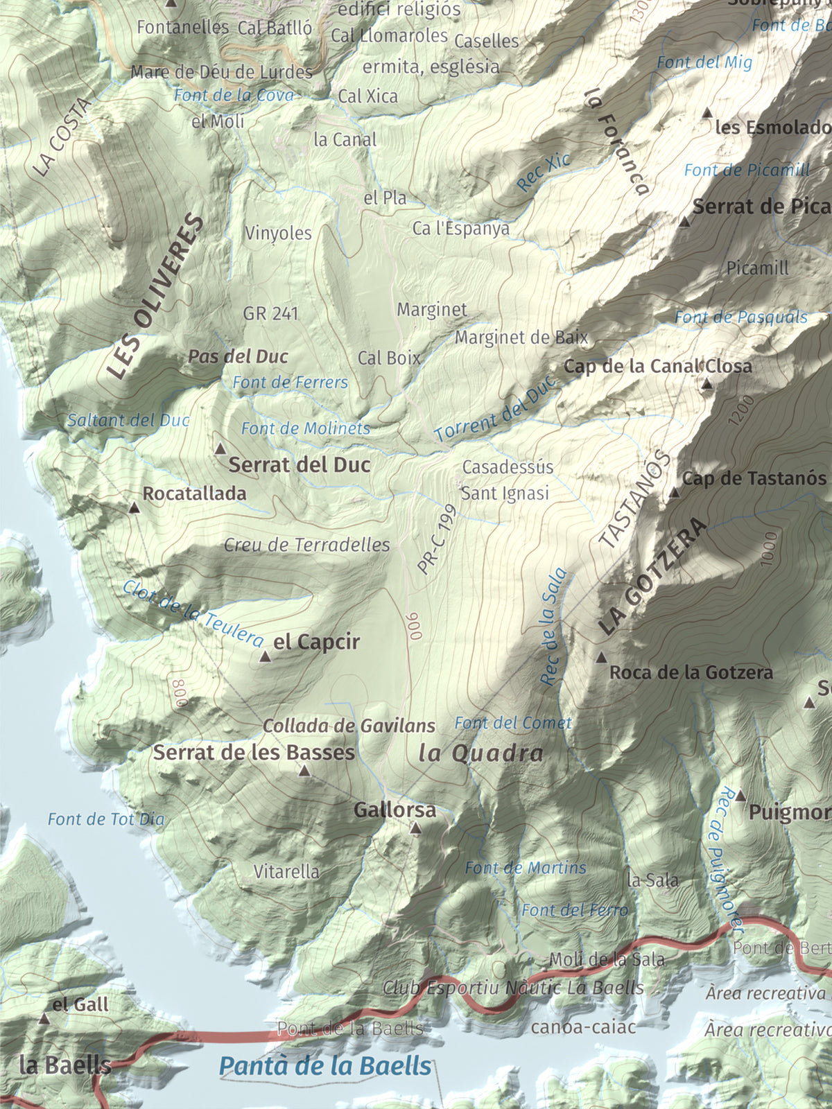 Mapa de relieve de Sobrepuny, 1653 m, Berguedà, lámina 100 Cims de Trobart. Detalle de la zona inferior izquierda. 30 × 40 cm.
