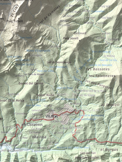 Mapa de relieve de Sobrepuny, 1653 m, Berguedà, lámina 100 Cims de Trobart. Detalle de la zona inferior derecha. 30 × 40 cm.