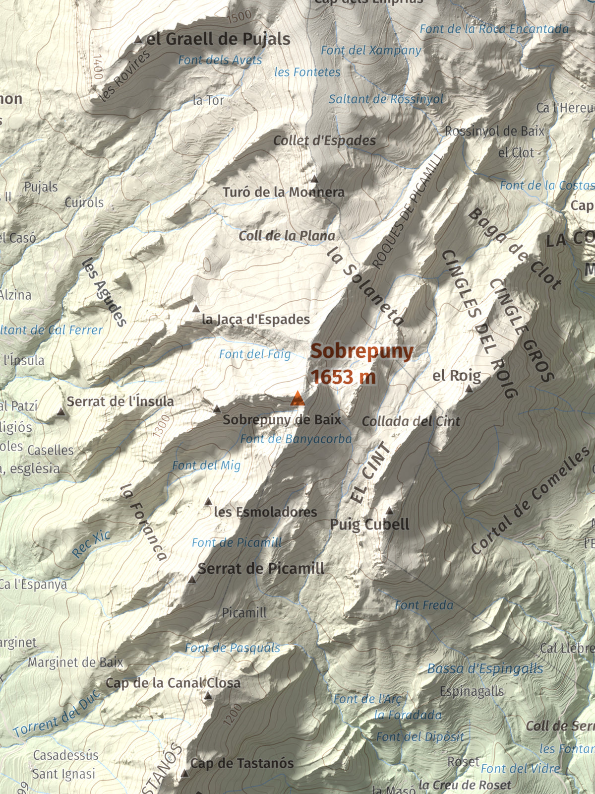 Mapa de relieve de Sobrepuny, 1653 m, Berguedà, lámina 100 Cims de Trobart. Detalle de la zona central. 30 × 40 cm.