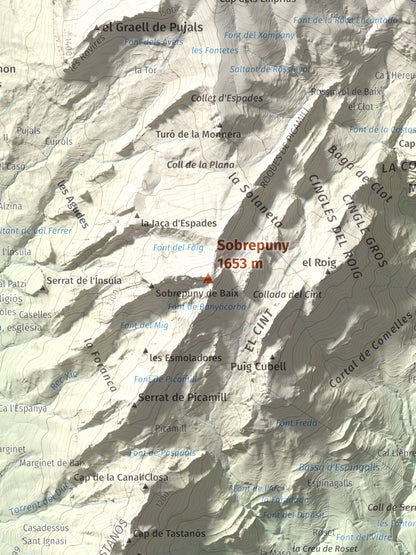 Mapa de relieve de Sobrepuny, 1653 m, Berguedà, lámina 100 Cims de Trobart. Detalle de la zona central. 30 × 40 cm.
