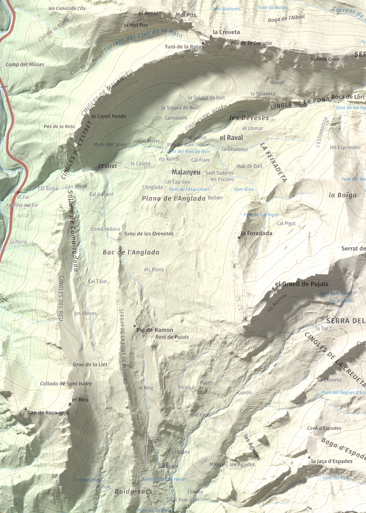 Mapa de relieve de Sobrepuny, 1653 m, Berguedà, lámina 100 Cims de Trobart. Detalle de la zona superior izquierda. 50 × 70 cm.