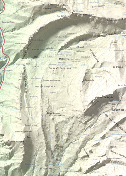 Mapa de relieve de Sobrepuny, 1653 m, Berguedà, lámina 100 Cims de Trobart. Detalle de la zona superior izquierda. 50 × 70 cm.
