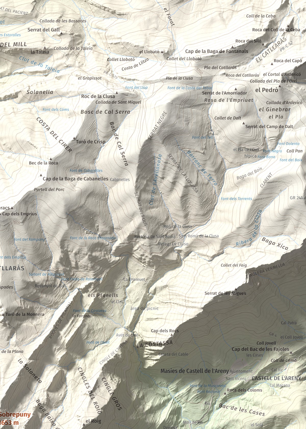 Mapa de relieve de Sobrepuny, 1653 m, Berguedà, lámina 100 Cims de Trobart. Detalle de la zona superior derecha. 50 × 70 cm.