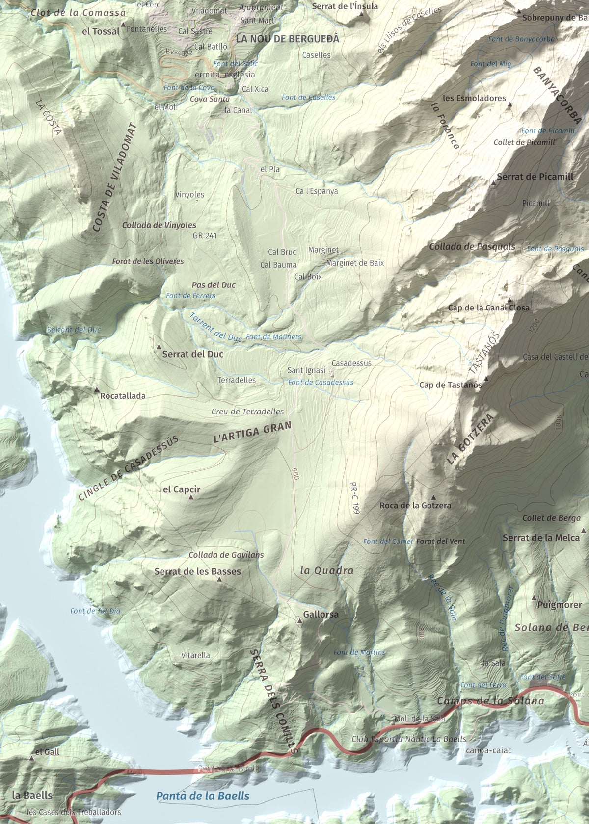 Mapa de relieve de Sobrepuny, 1653 m, Berguedà, lámina 100 Cims de Trobart. Detalle de la zona inferior izquierda. 50 × 70 cm.