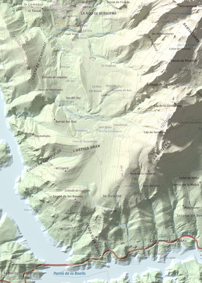 Mapa de relieve de Sobrepuny, 1653 m, Berguedà, lámina 100 Cims de Trobart. Detalle de la zona inferior izquierda. 50 × 70 cm.