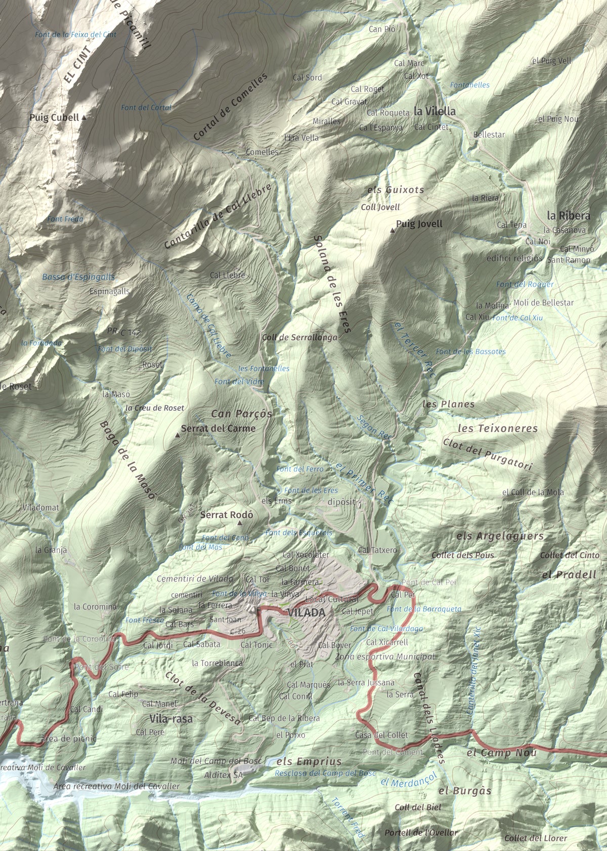 Mapa de relieve de Sobrepuny, 1653 m, Berguedà, lámina 100 Cims de Trobart. Detalle de la zona inferior derecha. 50 × 70 cm.