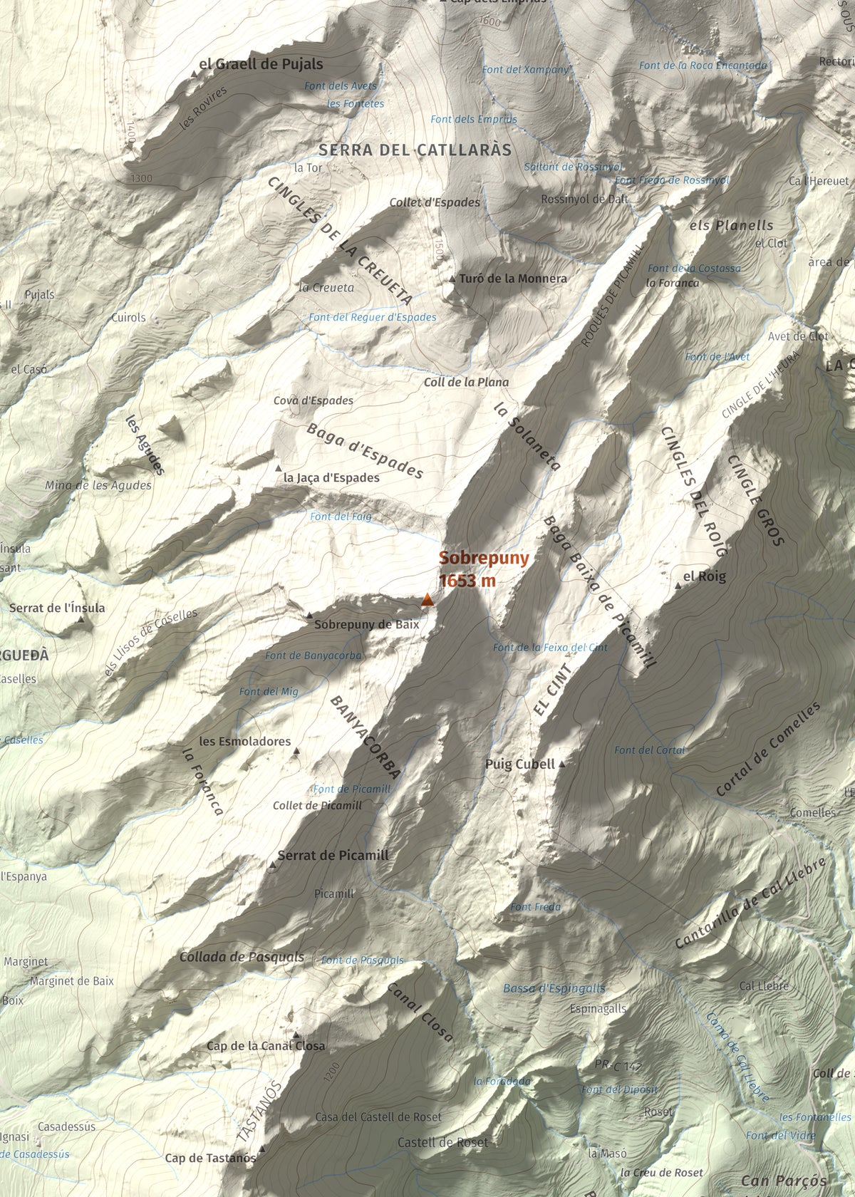 Mapa de relieve de Sobrepuny, 1653 m, Berguedà, lámina 100 Cims de Trobart. Detalle de la zona central. 50 × 70 cm.