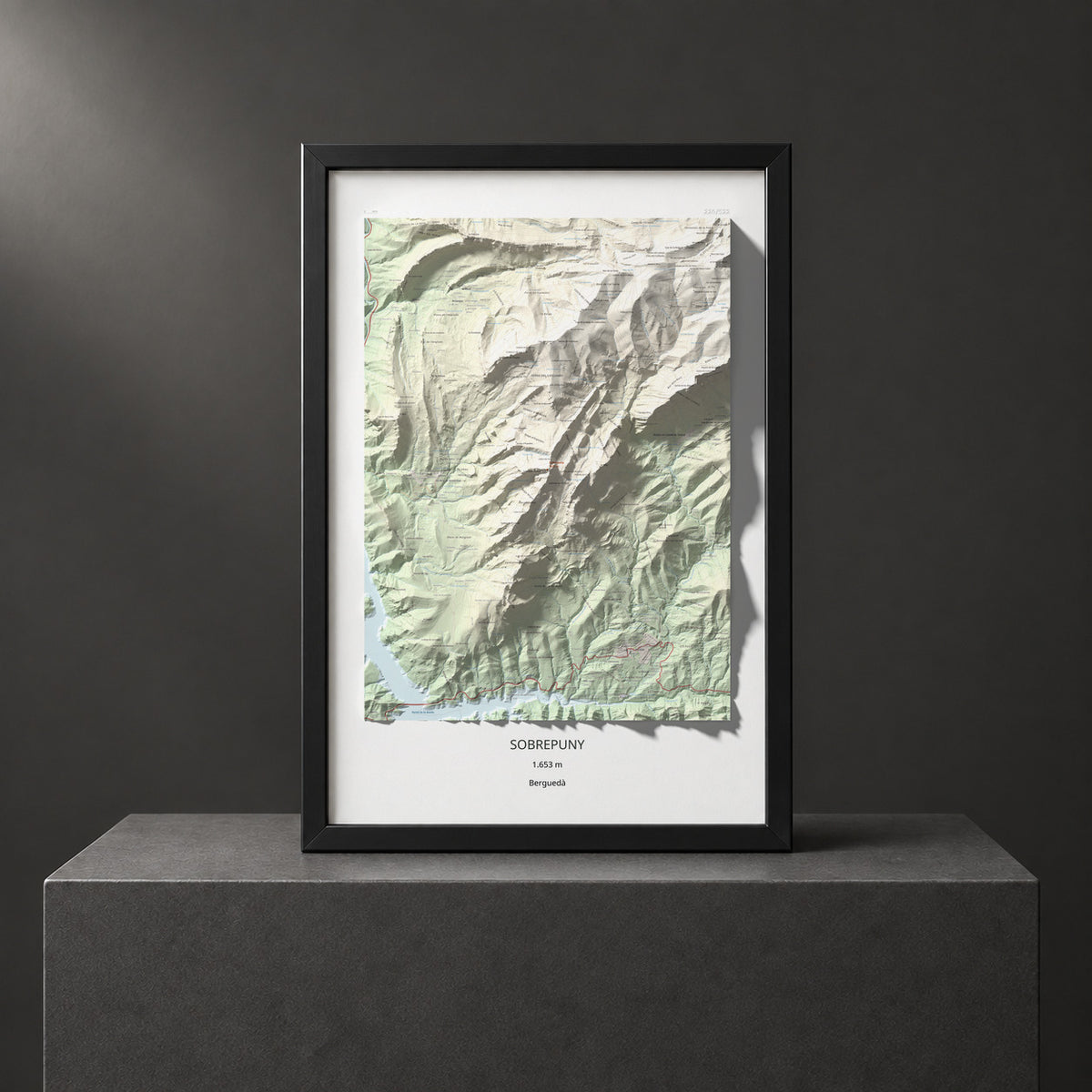Mapa de relieve de Sobrepuny, 1653 m, Berguedà, lámina 100 Cims de Trobart. Presentación enmarcada. 61 × 91 cm.