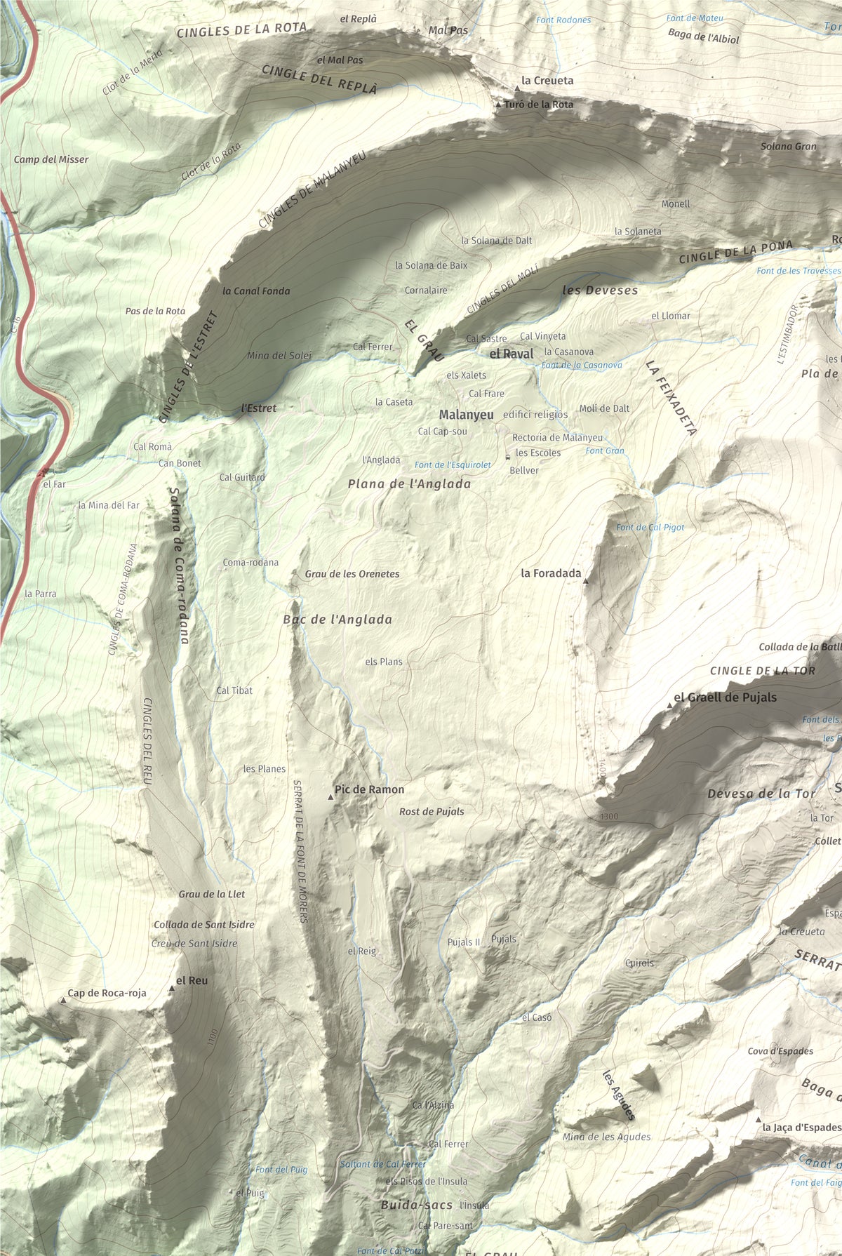 Mapa de relieve de Sobrepuny, 1653 m, Berguedà, lámina 100 Cims de Trobart. Detalle de la zona superior izquierda. 61 × 91 cm.