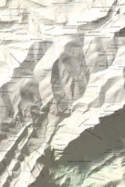 Mapa de relieve de Sobrepuny, 1653 m, Berguedà, lámina 100 Cims de Trobart. Detalle de la zona superior derecha. 61 × 91 cm.