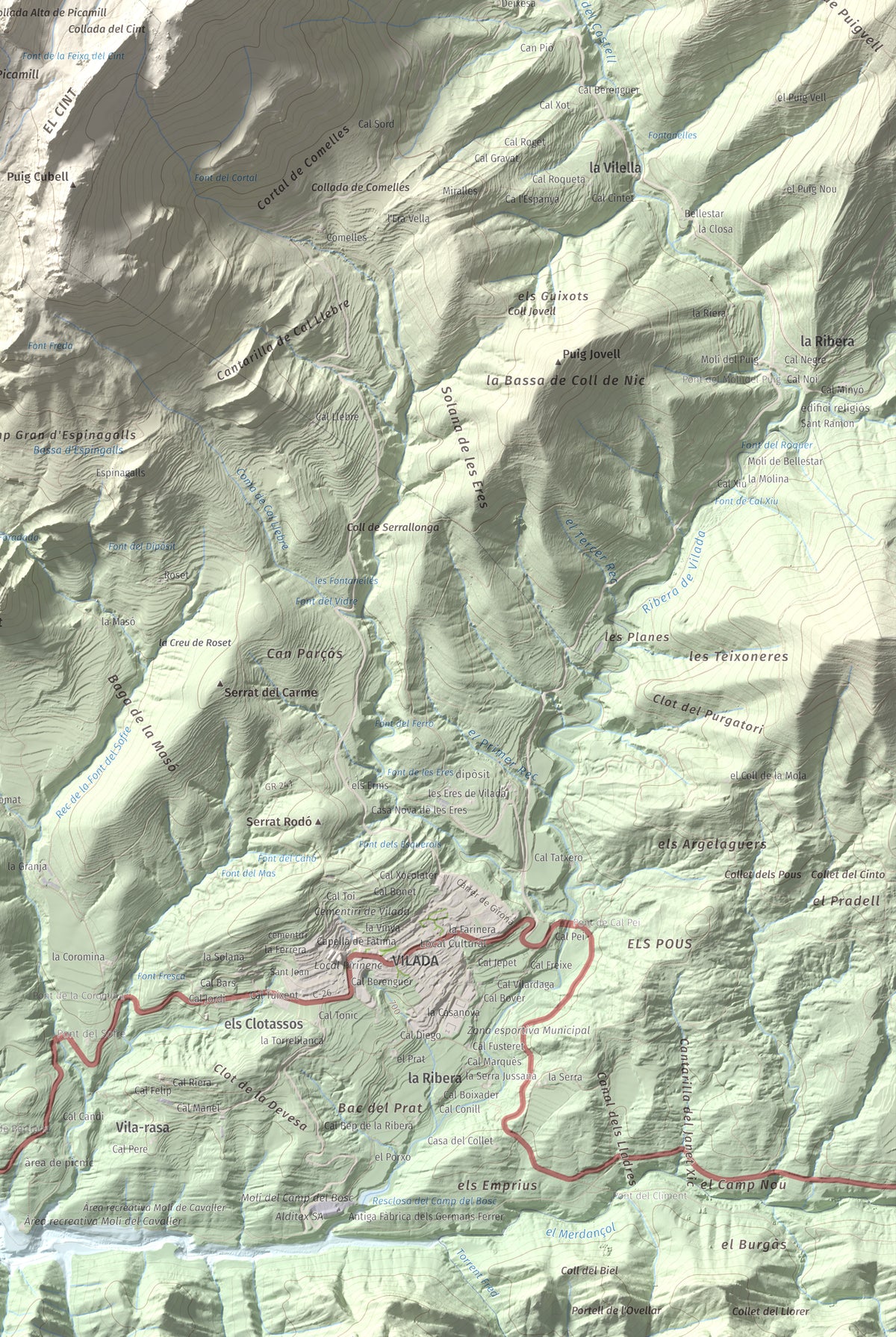 Mapa de relieve de Sobrepuny, 1653 m, Berguedà, lámina 100 Cims de Trobart. Detalle de la zona inferior derecha. 61 × 91 cm.