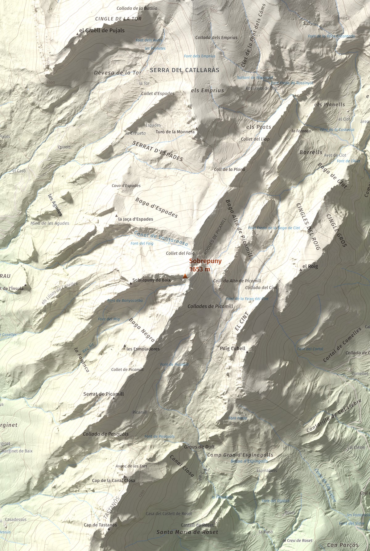 Mapa de relieve de Sobrepuny, 1653 m, Berguedà, lámina 100 Cims de Trobart. Detalle de la zona central. 61 × 91 cm.
