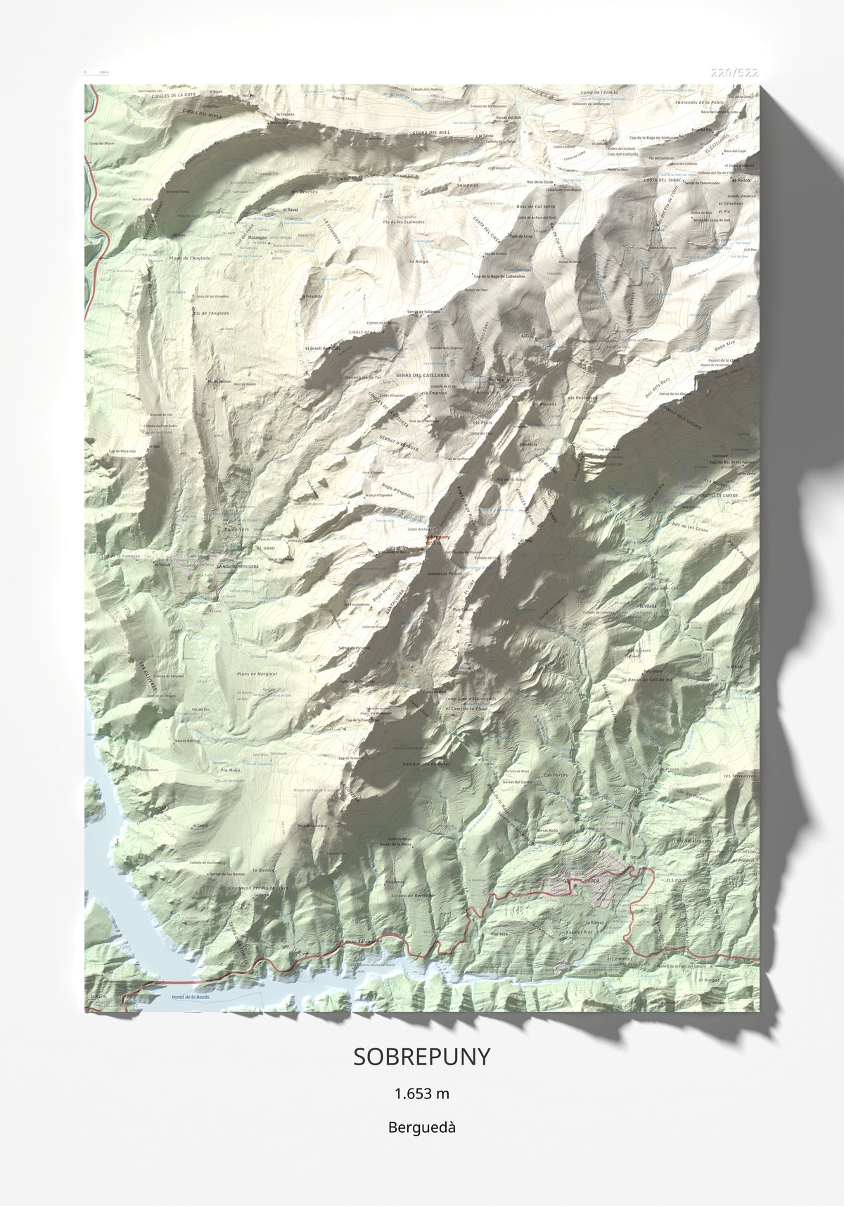 Mapa de relieve de Sobrepuny, 1653 m, Berguedà, lámina 100 Cims de Trobart 70 × 100 cm.