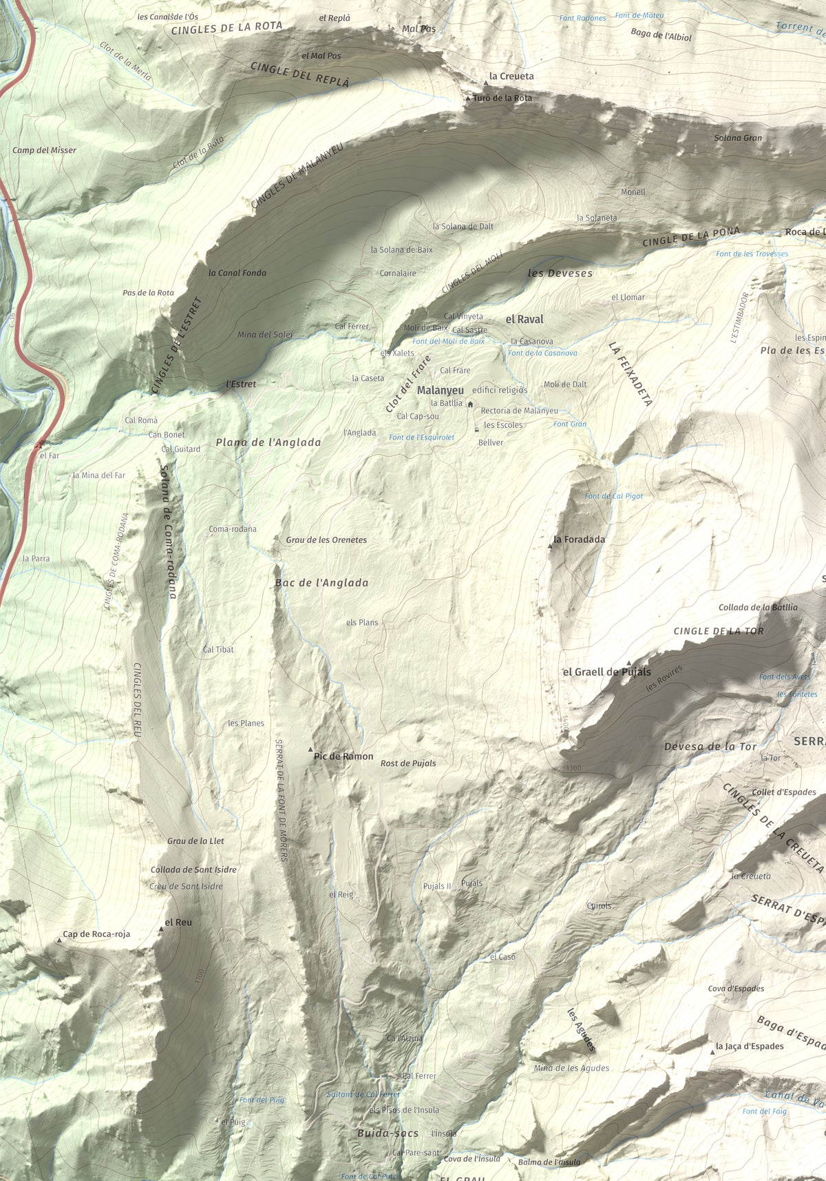 Mapa de relieve de Sobrepuny, 1653 m, Berguedà, lámina 100 Cims de Trobart. Detalle de la zona superior izquierda. 70 × 100 cm.