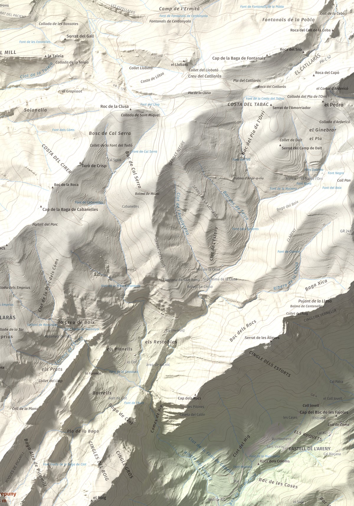 Mapa de relieve de Sobrepuny, 1653 m, Berguedà, lámina 100 Cims de Trobart. Detalle de la zona superior derecha. 70 × 100 cm.