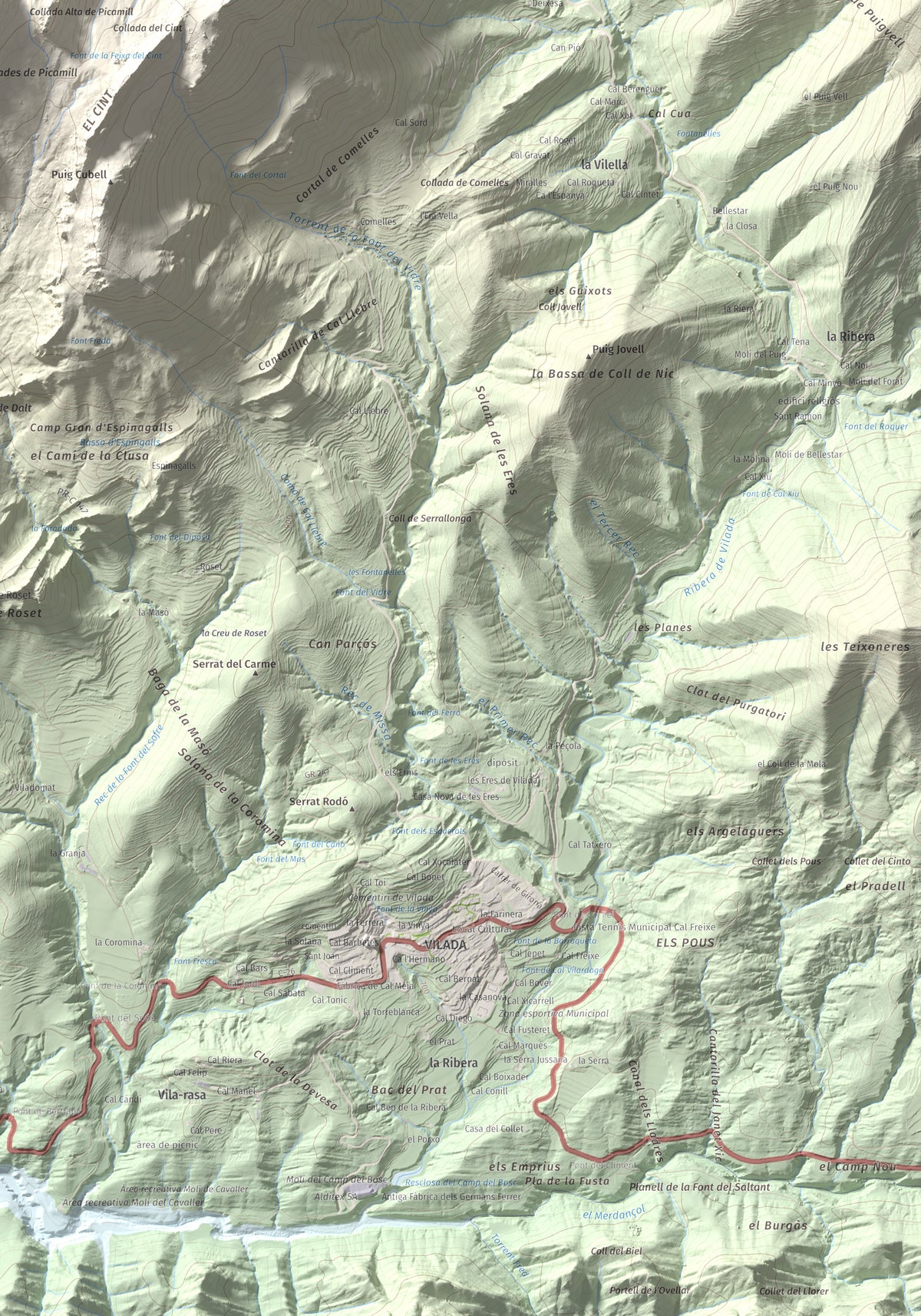 Mapa de relieve de Sobrepuny, 1653 m, Berguedà, lámina 100 Cims de Trobart. Detalle de la zona inferior derecha. 70 × 100 cm.