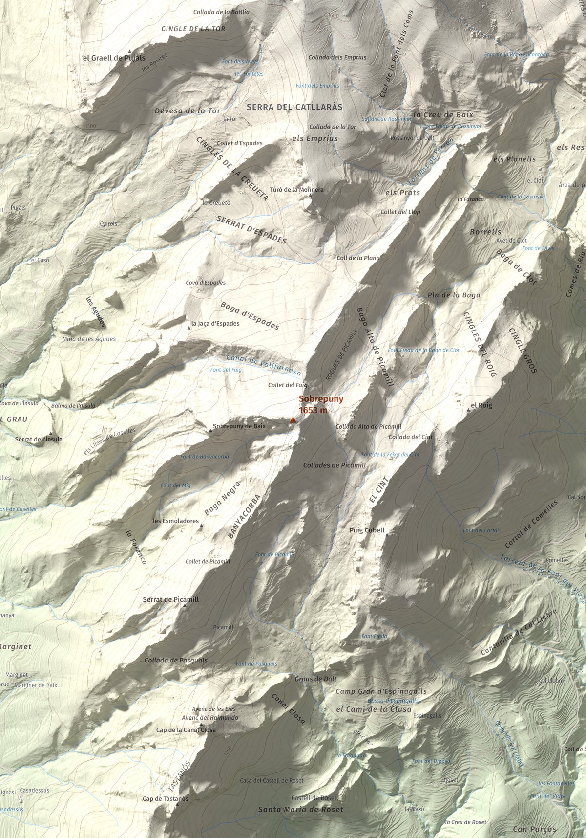 Mapa de relieve de Sobrepuny, 1653 m, Berguedà, lámina 100 Cims de Trobart. Detalle de la zona central. 70 × 100 cm.