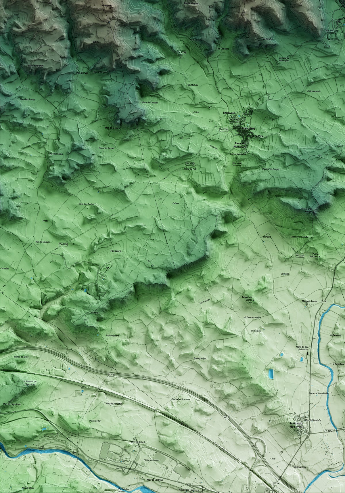 Mapa artístico del relieve de Solivella, a la Conca de Barberà, con 15 km de entorno y base topográfica ICGC. Detalle de la zona inferior izquierda.