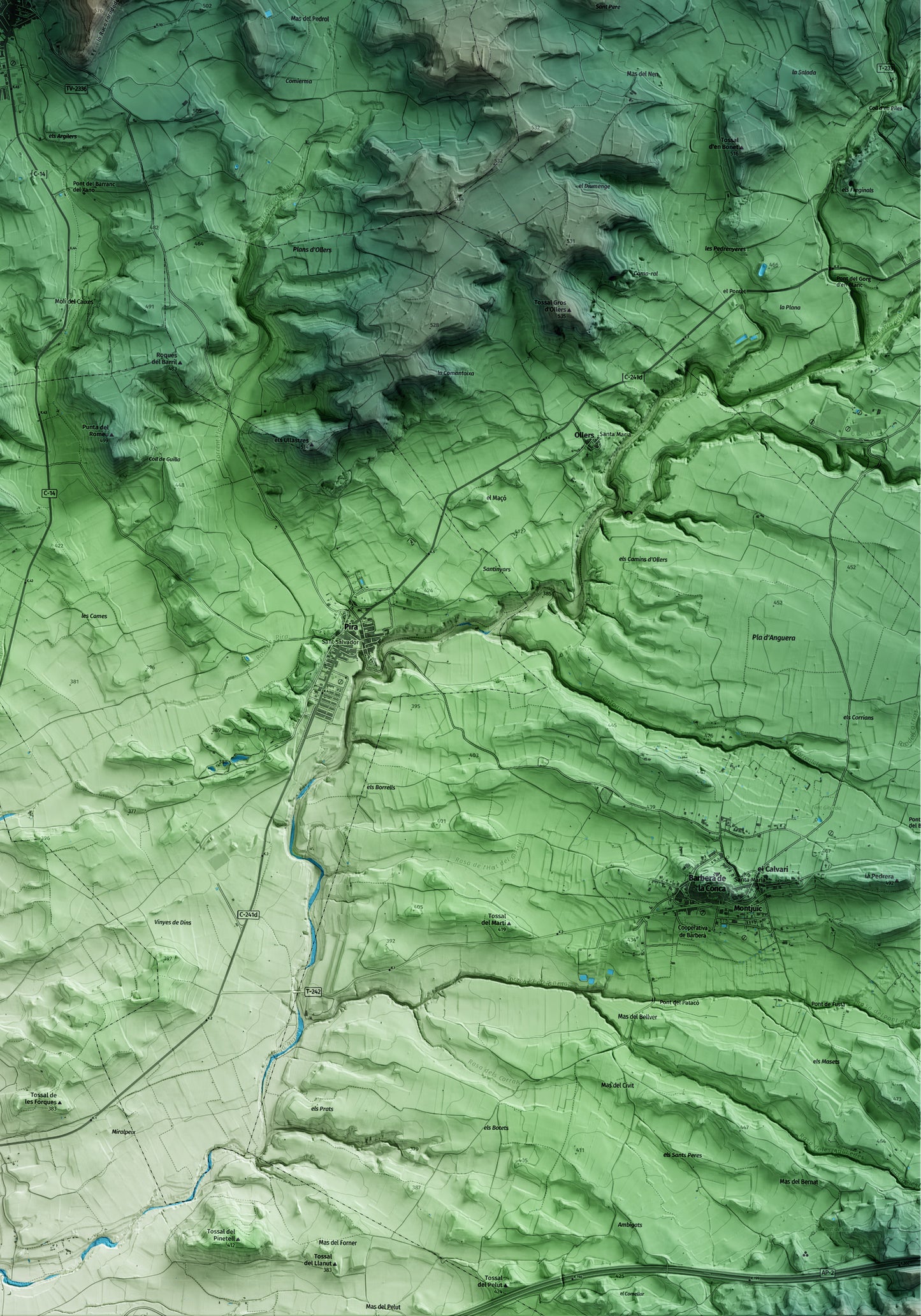 Mapa artístico del relieve de Solivella, a la Conca de Barberà, con 15 km de entorno y base topográfica ICGC. Detalle de la zona inferior derecha.