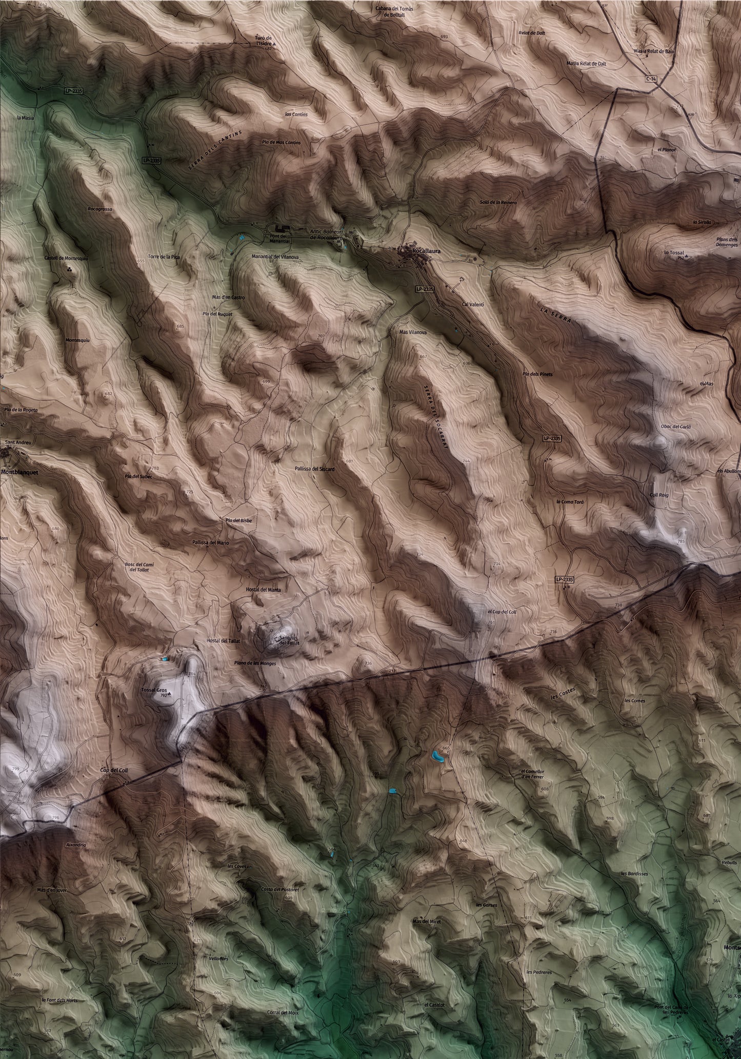 Mapa artístico del relieve de Solivella, a la Conca de Barberà, con 15 km de entorno y base topográfica ICGC. Detalle de la zona superior izquierda.