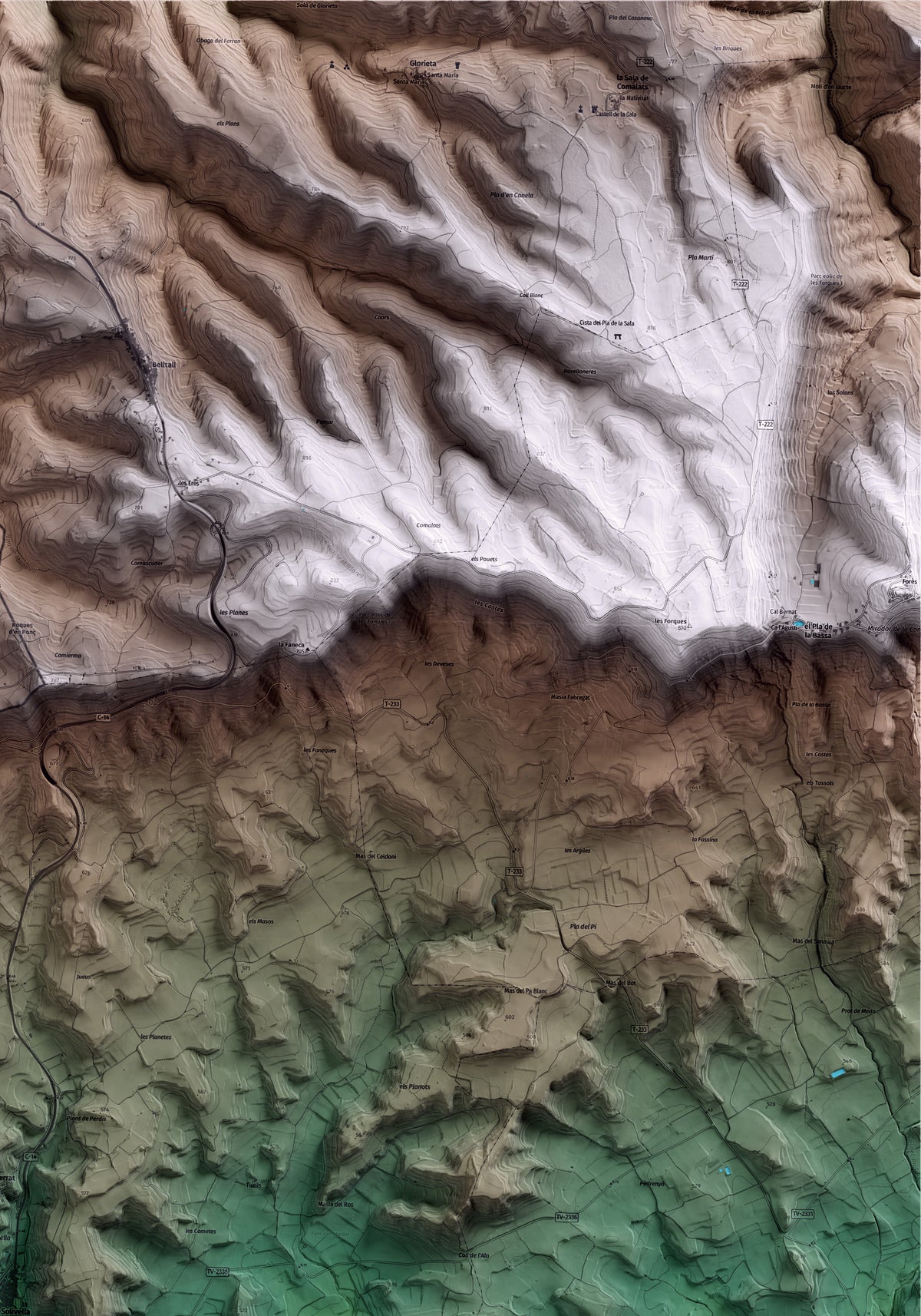 Mapa artístico del relieve de Solivella, a la Conca de Barberà, con 15 km de entorno y base topográfica ICGC. Detalle de la zona superior derecha.