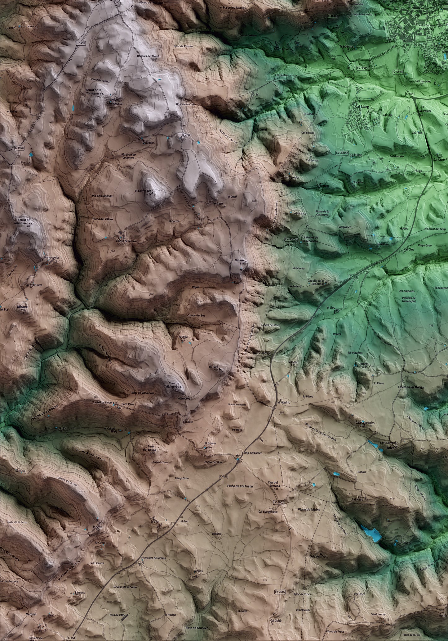 Mapa artístico del relieve de Solsona, al Solsonès, con 15 km de entorno y base topográfica ICGC. Detalle de la zona inferior izquierda.
