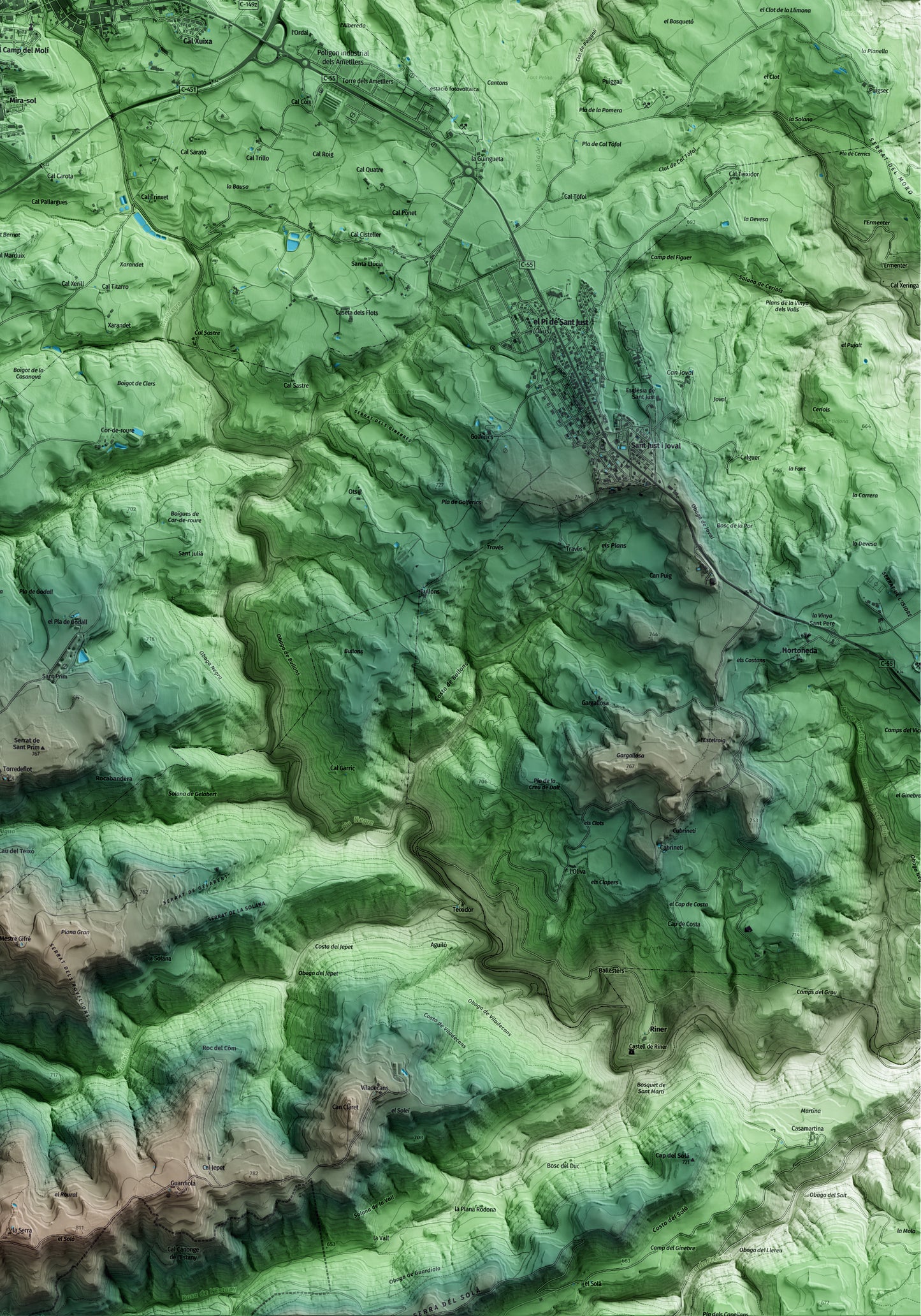 Mapa artístico del relieve de Solsona, al Solsonès, con 15 km de entorno y base topográfica ICGC. Detalle de la zona inferior derecha.