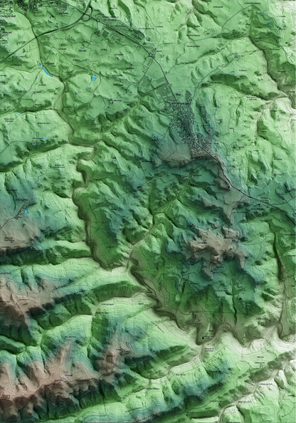 Mapa artístico del relieve de Solsona, al Solsonès, con 15 km de entorno y base topográfica ICGC. Detalle de la zona inferior derecha.