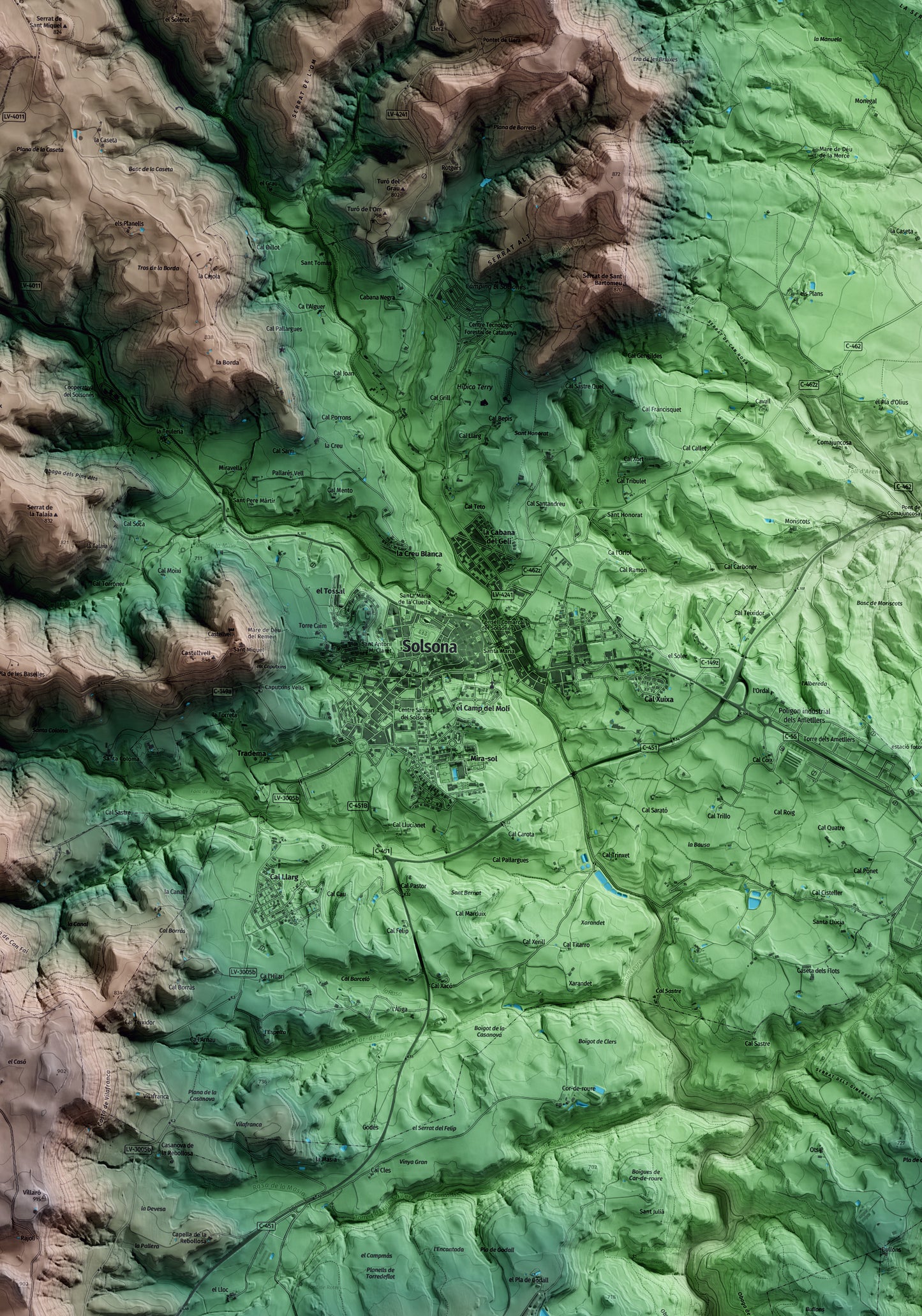 Mapa artístico del relieve de Solsona, al Solsonès, con 15 km de entorno y base topográfica ICGC. Detalle de la zona central.