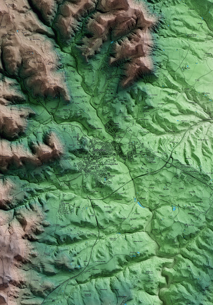 Mapa artístico del relieve de Solsona, al Solsonès, con 15 km de entorno y base topográfica ICGC. Detalle de la zona central.
