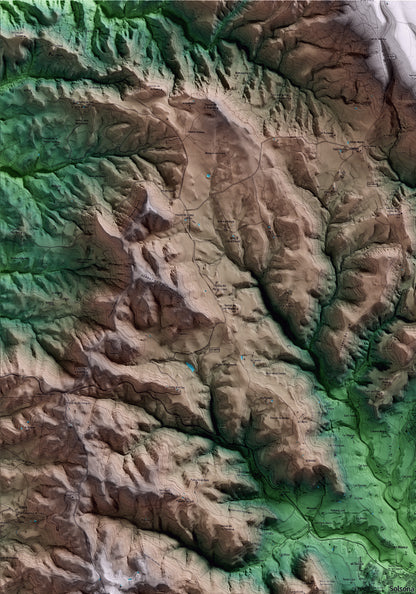 Mapa artístico del relieve de Solsona, al Solsonès, con 15 km de entorno y base topográfica ICGC. Detalle de la zona superior izquierda.
