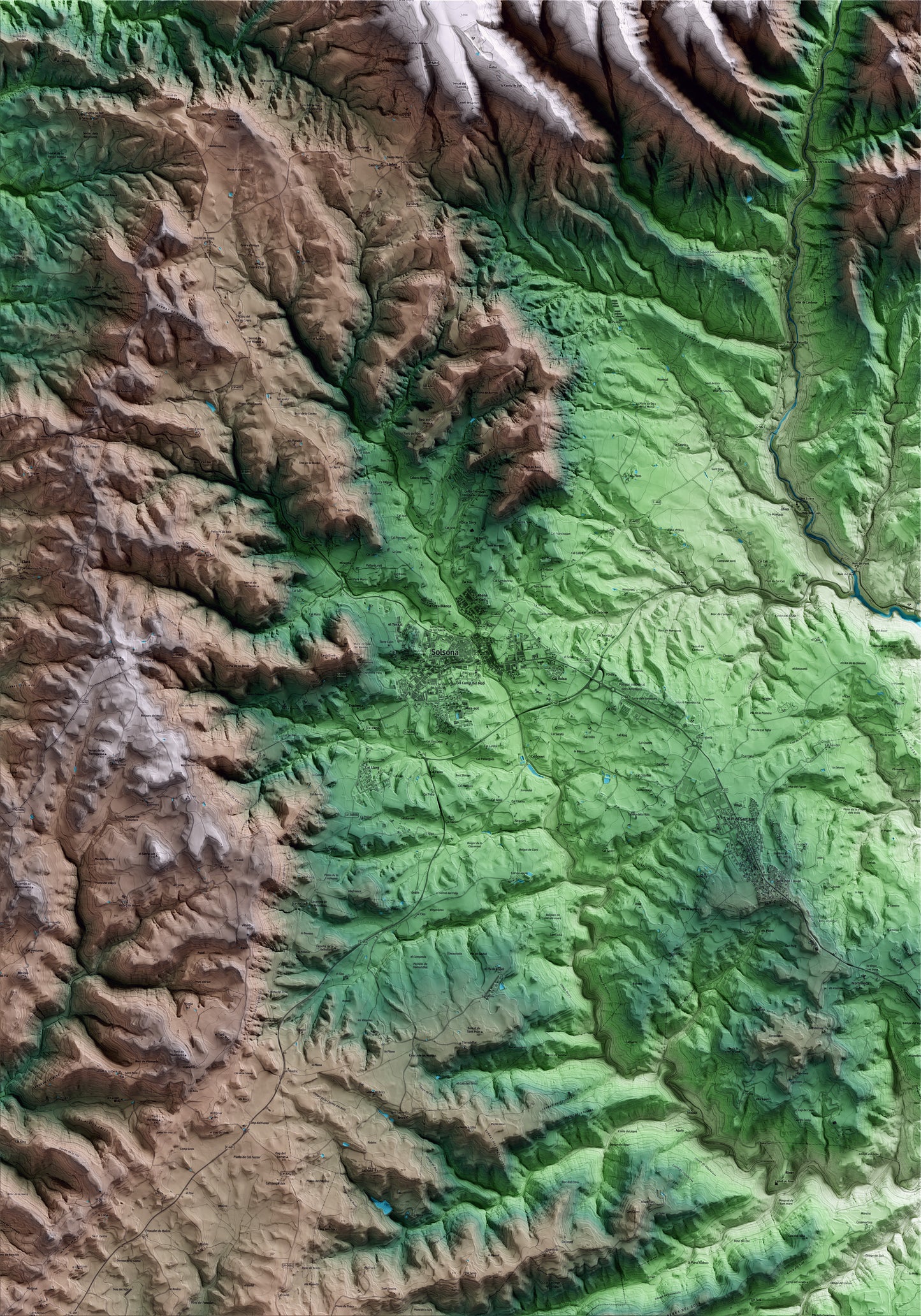 Mapa artístico del relieve de Solsona, al Solsonès, con 15 km de entorno y base topográfica ICGC