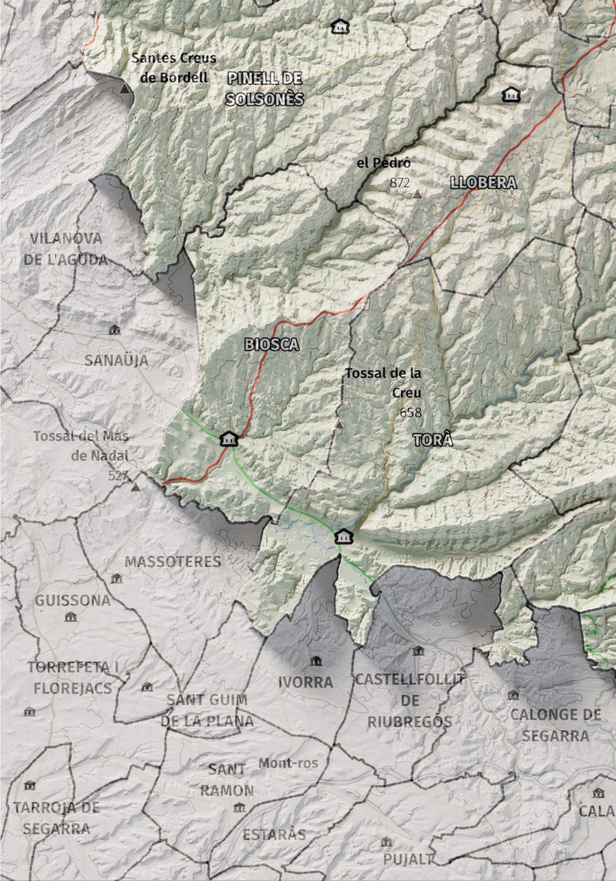 Mapa de relieve del Solsonès, con el territorio en color y el entorno en blanco. Detalle de la zona inferior izquierda. 21 × 30 cm. Estilo Cartográfico.
