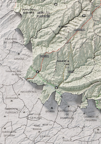Mapa de relieve del Solsonès, con el territorio en color y el entorno en blanco. Detalle de la zona inferior izquierda. 21 × 30 cm. Estilo Cartográfico.