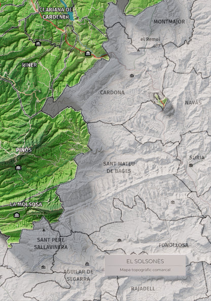 Mapa de relieve del Solsonès, con el territorio en color y el entorno en blanco. Detalle de la zona inferior derecha. 21 × 30 cm. Estilo Clásico.