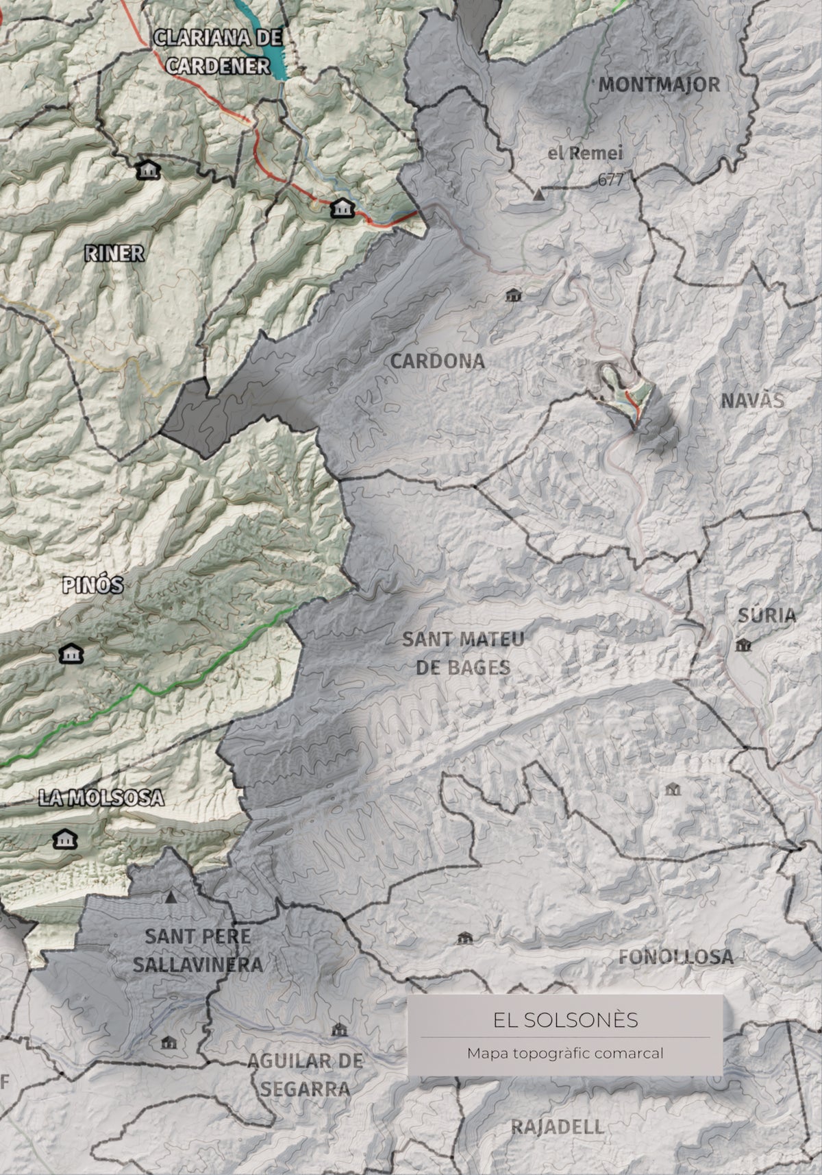 Mapa de relieve del Solsonès, con el territorio en color y el entorno en blanco. Detalle de la zona inferior derecha. 21 × 30 cm. Estilo Cartográfico.