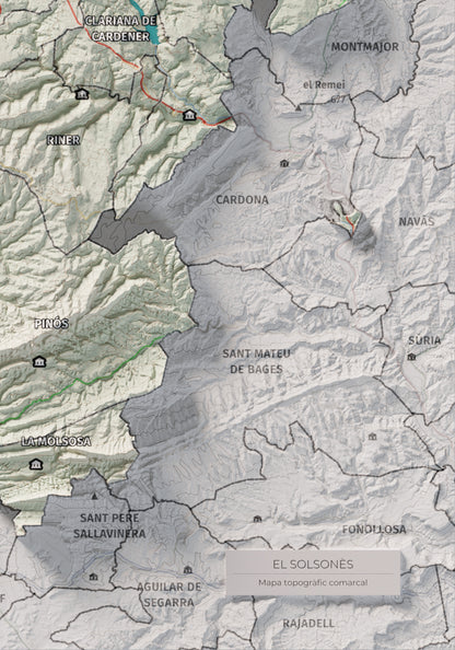 Mapa de relieve del Solsonès, con el territorio en color y el entorno en blanco. Detalle de la zona inferior derecha. 21 × 30 cm. Estilo Cartográfico.