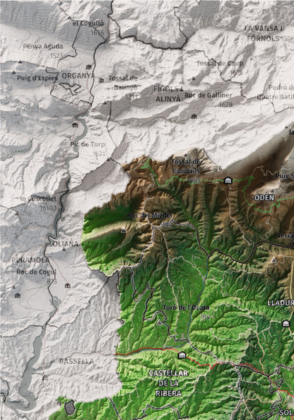 Mapa de relieve del Solsonès, con el territorio en color y el entorno en blanco. Detalle de la zona superior izquierda. 21 × 30 cm. Estilo Clásico.
