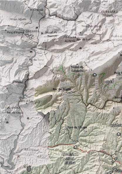 Mapa de relieve del Solsonès, con el territorio en color y el entorno en blanco. Detalle de la zona superior izquierda. 21 × 30 cm. Estilo Cartográfico.