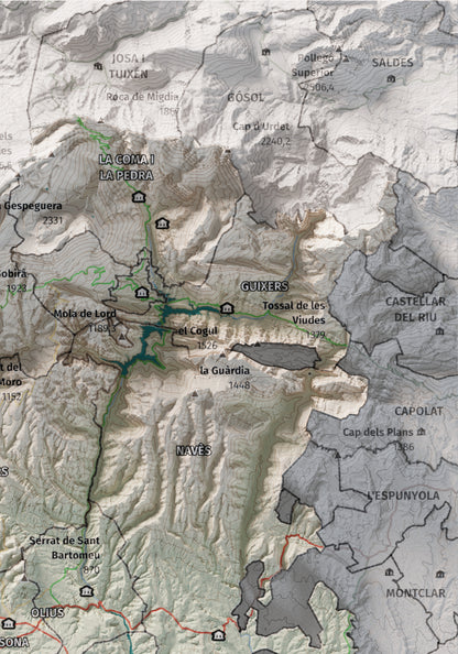Mapa de relieve del Solsonès, con el territorio en color y el entorno en blanco. Detalle de la zona superior derecha. 21 × 30 cm. Estilo Cartográfico.