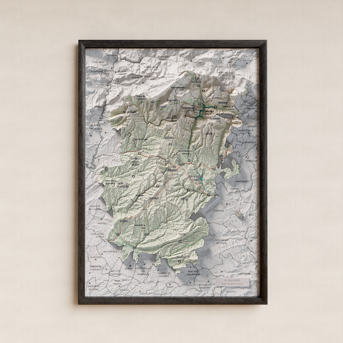 Mapa de relieve del Solsonès, con el territorio en color y el entorno en blanco. Presentación con marco. 21 × 30 cm. Estilo Cartográfico.