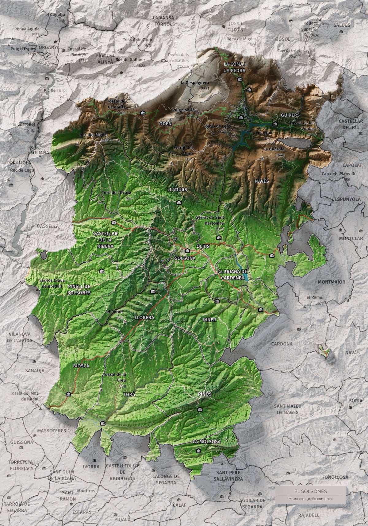 Mapa de relieve del Solsonès, con el territorio en color y el entorno en blanco. Vista completa de la lámina. 21 × 30 cm. Estilo Clásico.