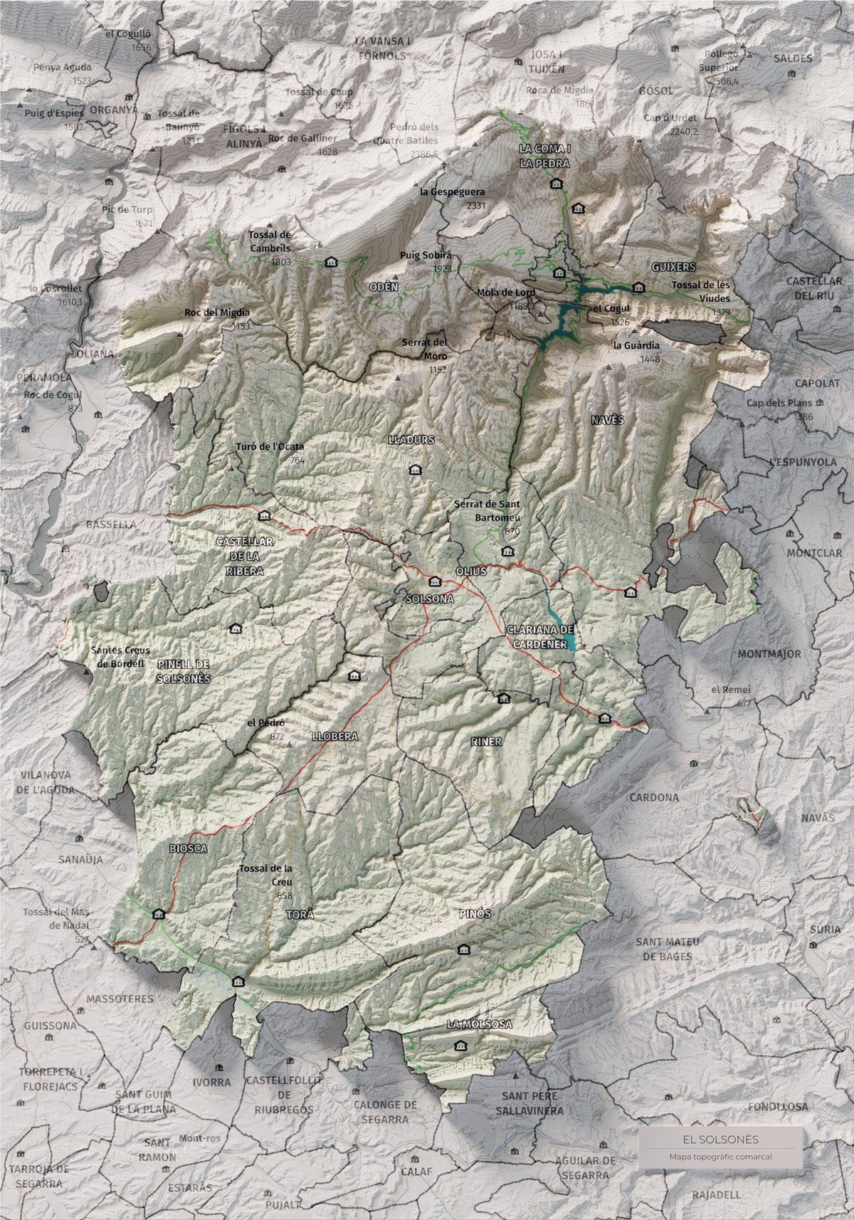 Mapa de relieve del Solsonès, con el territorio en color y el entorno en blanco. Vista completa de la lámina. 21 × 30 cm. Estilo Cartográfico.