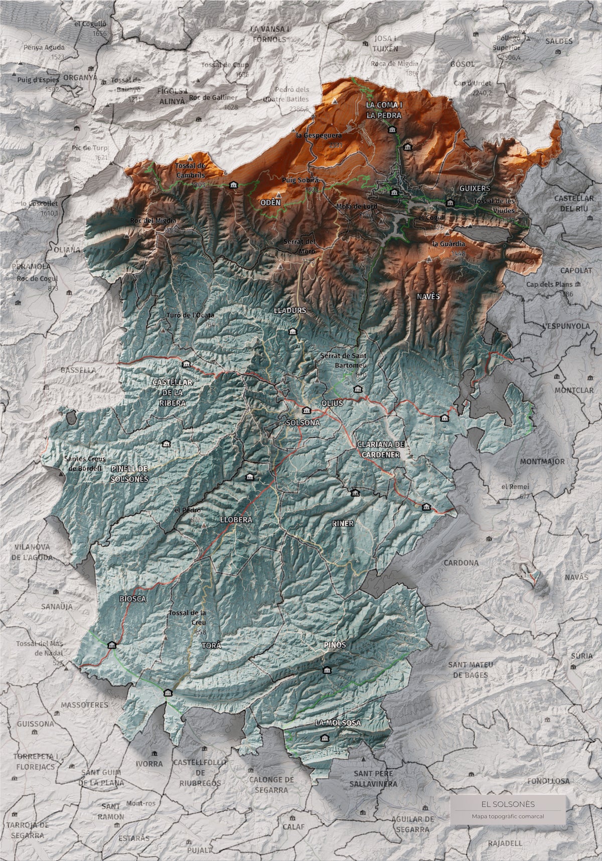 Mapa de relieve del Solsonès, con el territorio en color y el entorno en blanco. Vista completa de la lámina. 21 × 30 cm. Estilo Azul y naranja.