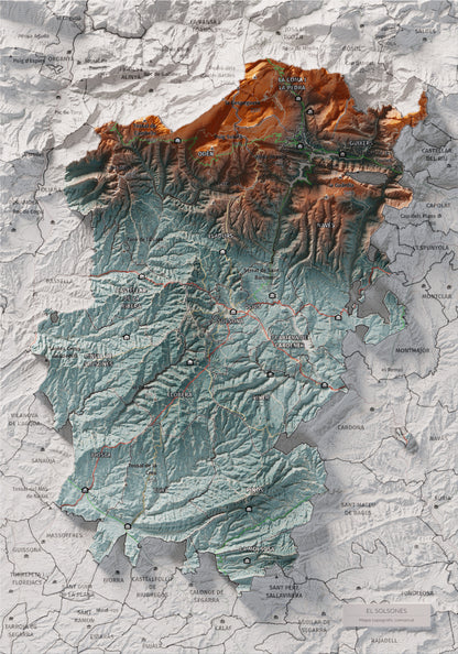 Mapa de relieve del Solsonès, con el territorio en color y el entorno en blanco. Vista completa de la lámina. 21 × 30 cm. Estilo Azul y naranja.