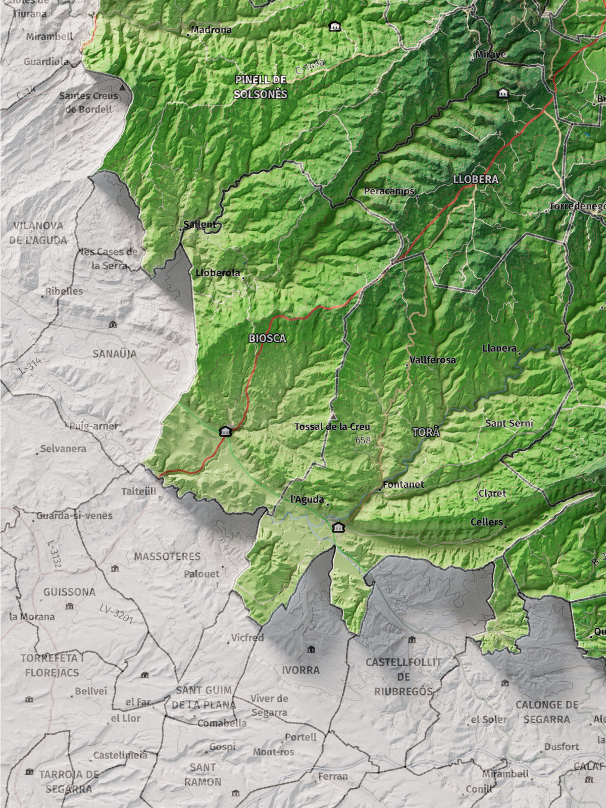 Mapa de relieve del Solsonès, con el territorio en color y el entorno en blanco. Detalle de la zona inferior izquierda. 30 × 40 cm. Estilo Clásico.