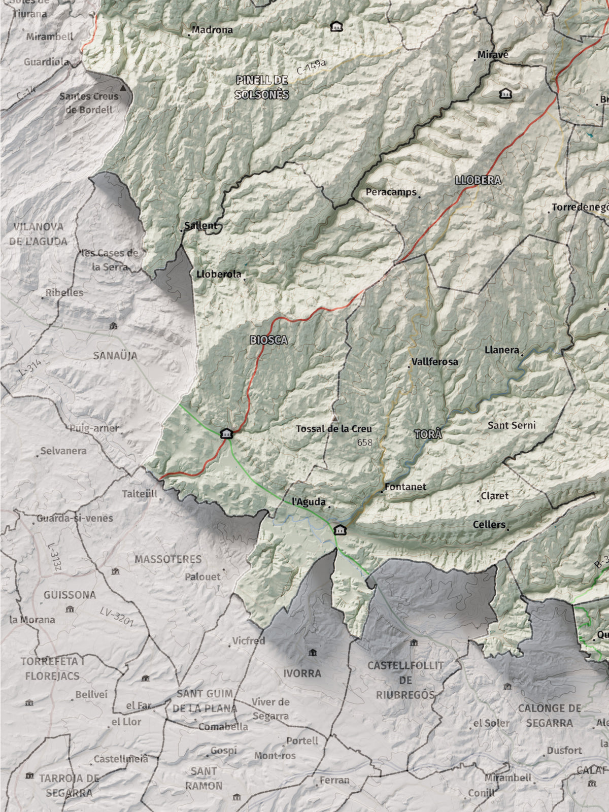 Mapa de relieve del Solsonès, con el territorio en color y el entorno en blanco. Detalle de la zona inferior izquierda. 30 × 40 cm. Estilo Cartográfico.