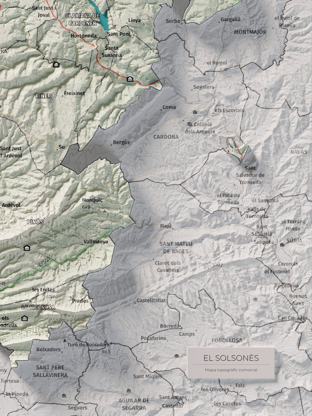 Mapa de relieve del Solsonès, con el territorio en color y el entorno en blanco. Detalle de la zona inferior derecha. 30 × 40 cm. Estilo Cartográfico.