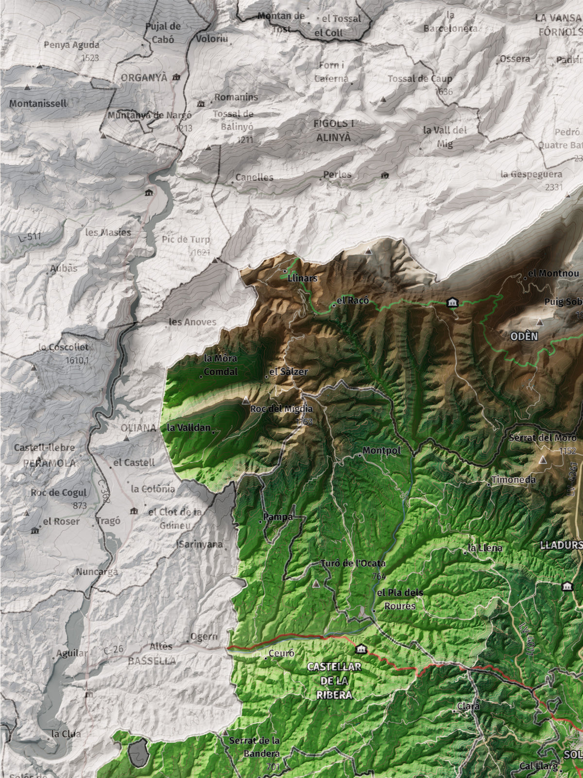Mapa de relieve del Solsonès, con el territorio en color y el entorno en blanco. Detalle de la zona superior izquierda. 30 × 40 cm. Estilo Clásico.