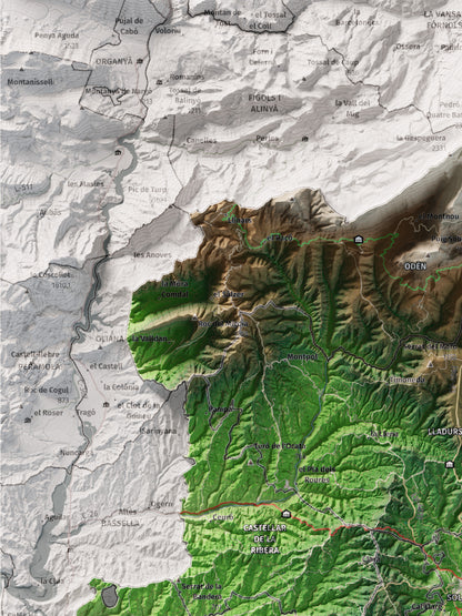 Mapa de relieve del Solsonès, con el territorio en color y el entorno en blanco. Detalle de la zona superior izquierda. 30 × 40 cm. Estilo Clásico.